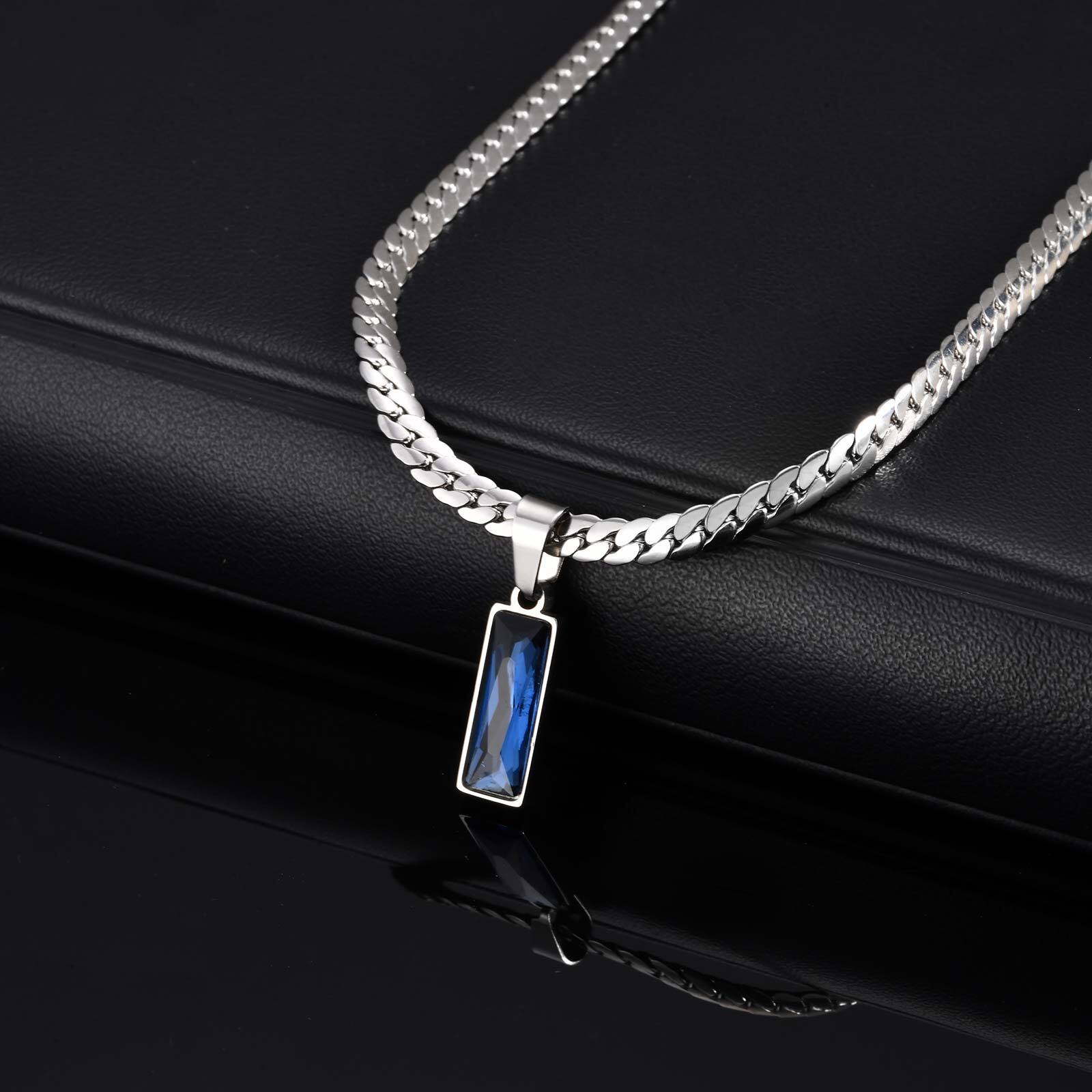 Mens Dog Tag Necklace - Sea Blue Geometric Pendant Necklace for