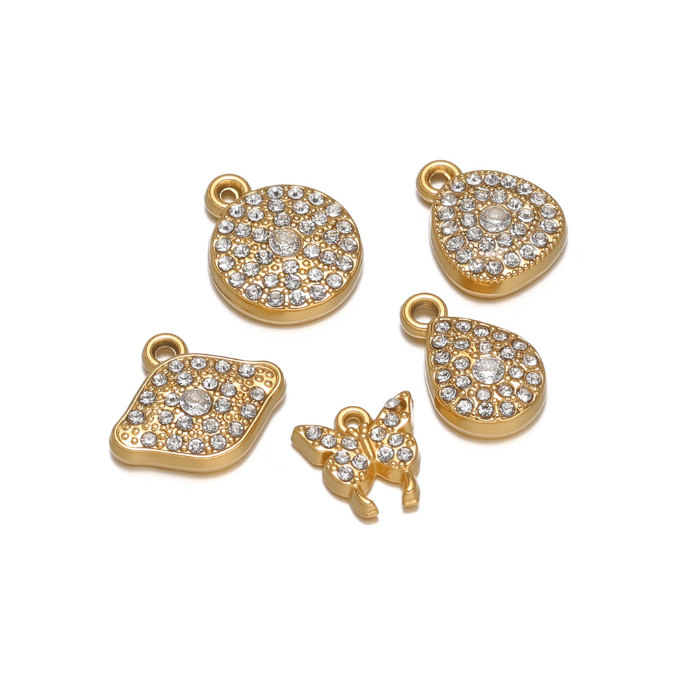 Butterfly Pendant Necklace - 5pcs Stainless Steel Rhinestone Round Butterfly
